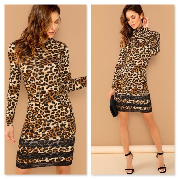Rouge! Dresses & Skirts - High Neck Leopard Print Lace Trim Pencil Dress